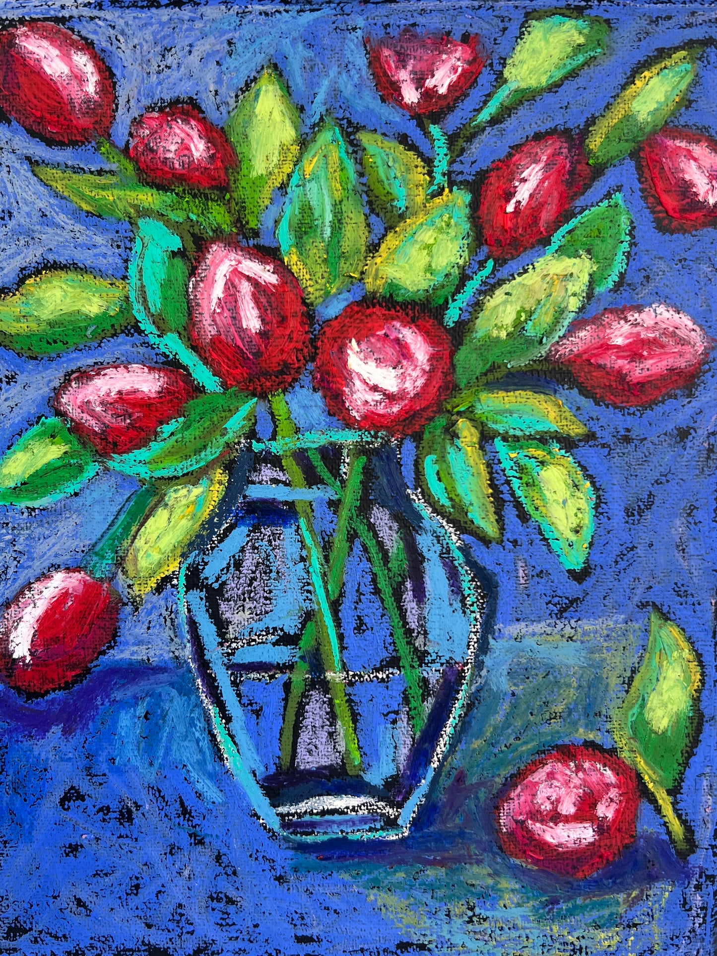 Artistic depiction of red tulips in a blue vase on a blue background