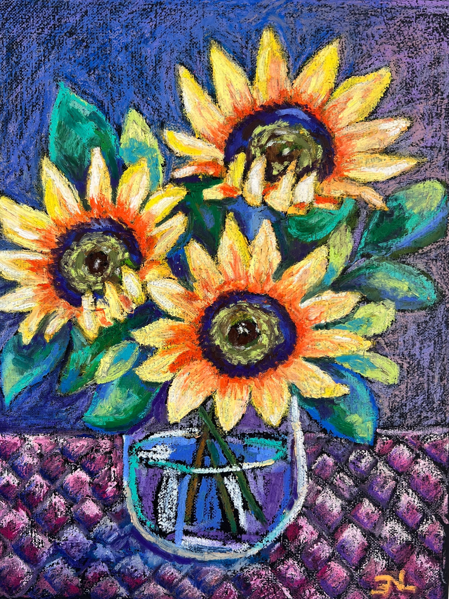 Colorful painting of sunflowers in a vase on a textured purple background