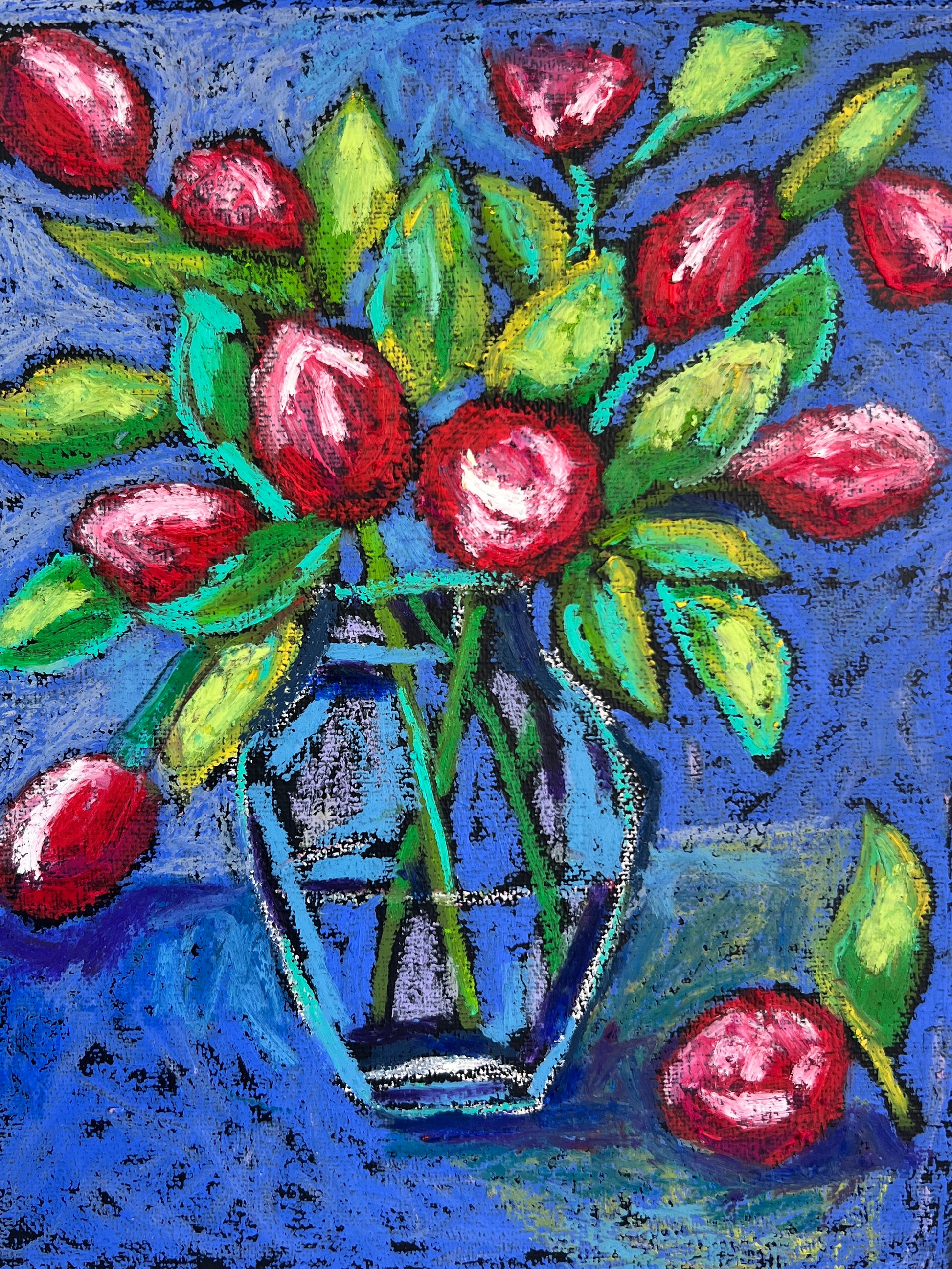 Artistic depiction of red tulips in a blue vase on a blue background