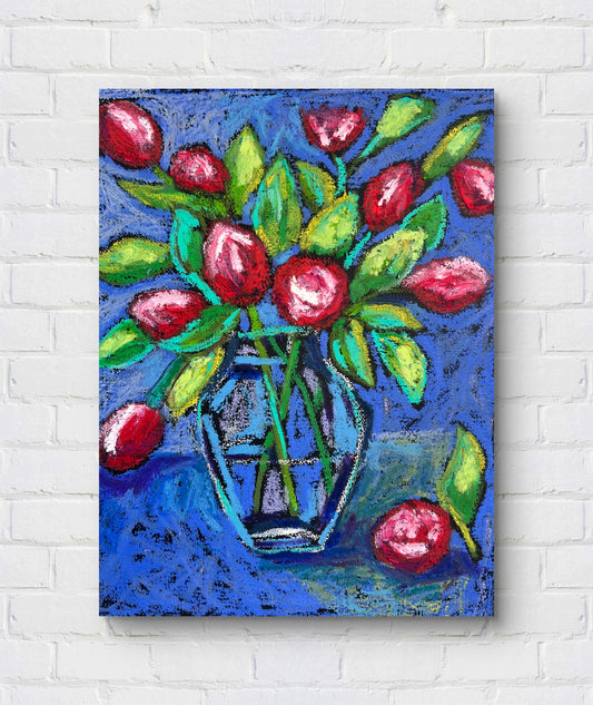Colorful painting of a vase with red flowers on a white brick wall