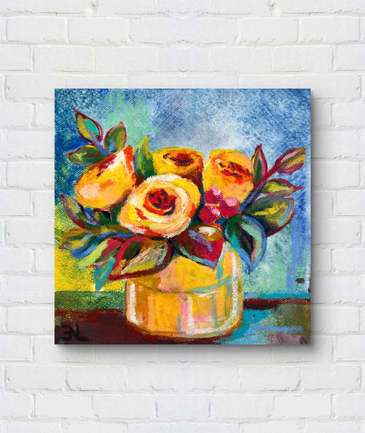 Colorful painting of flowers in a vase on a white brick wall