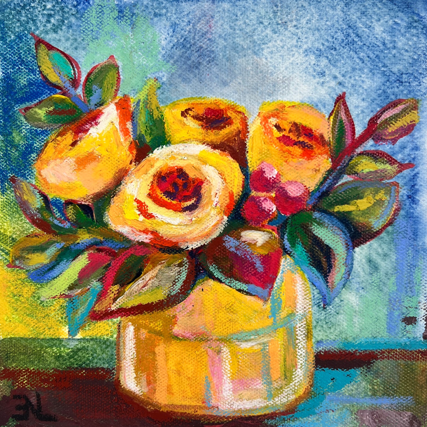 Colorful painting of flowers in a vase with a textured background