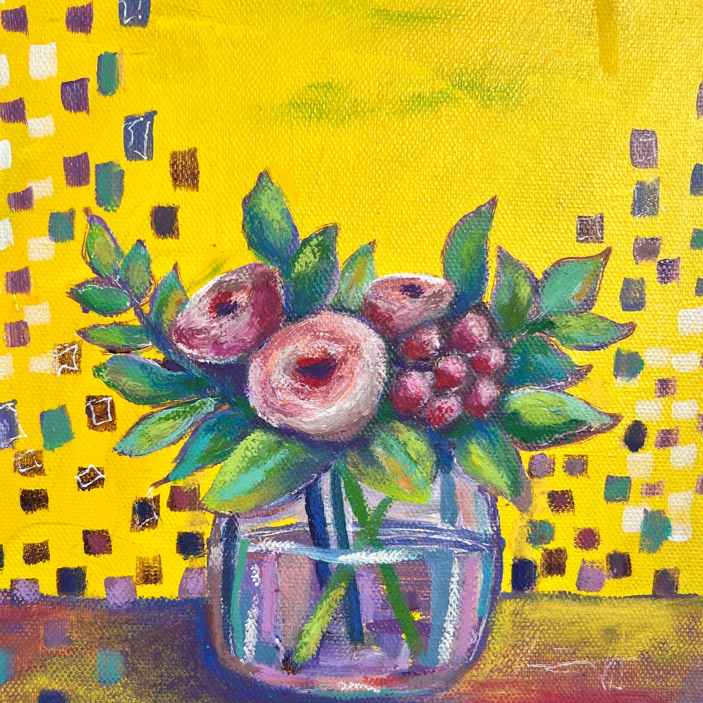 Artistic depiction of flowers in a vase with a colorful geometric background