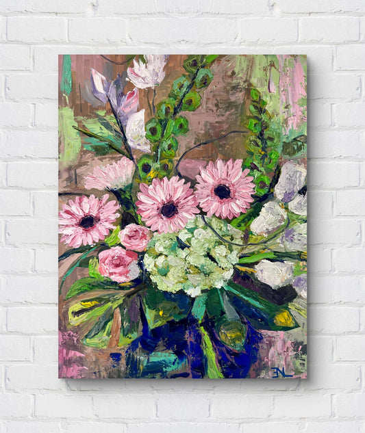 Floral painting with pink and white flowers in a vase on a white brick wall.