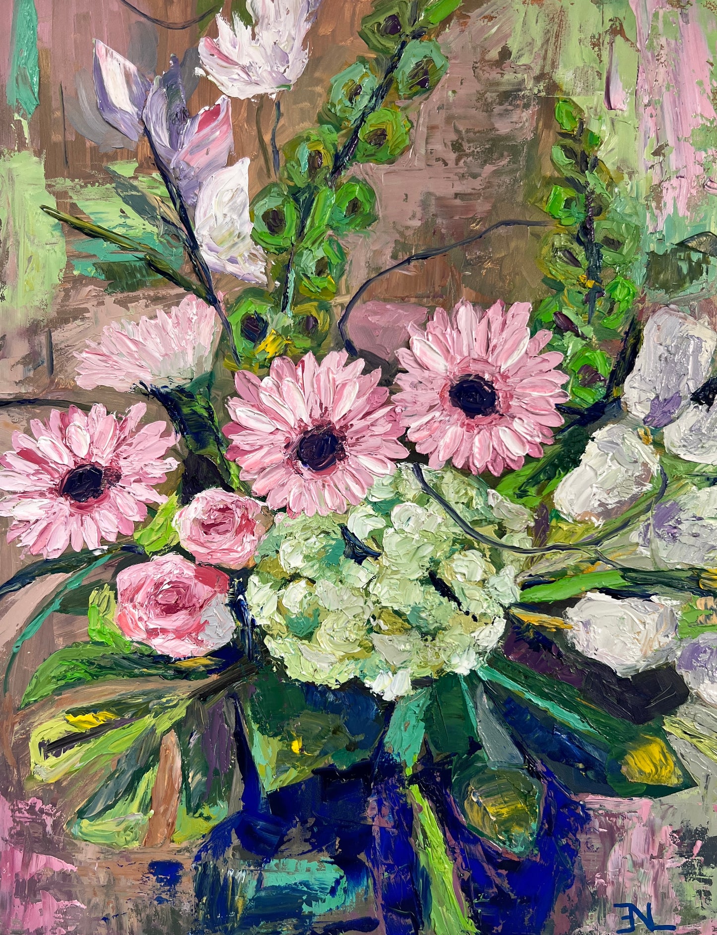 Colorful painting of a bouquet of flowers with pink and green tones.