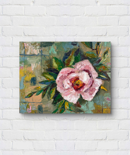 Painting of a pink flower with green leaves on a white brick wall
