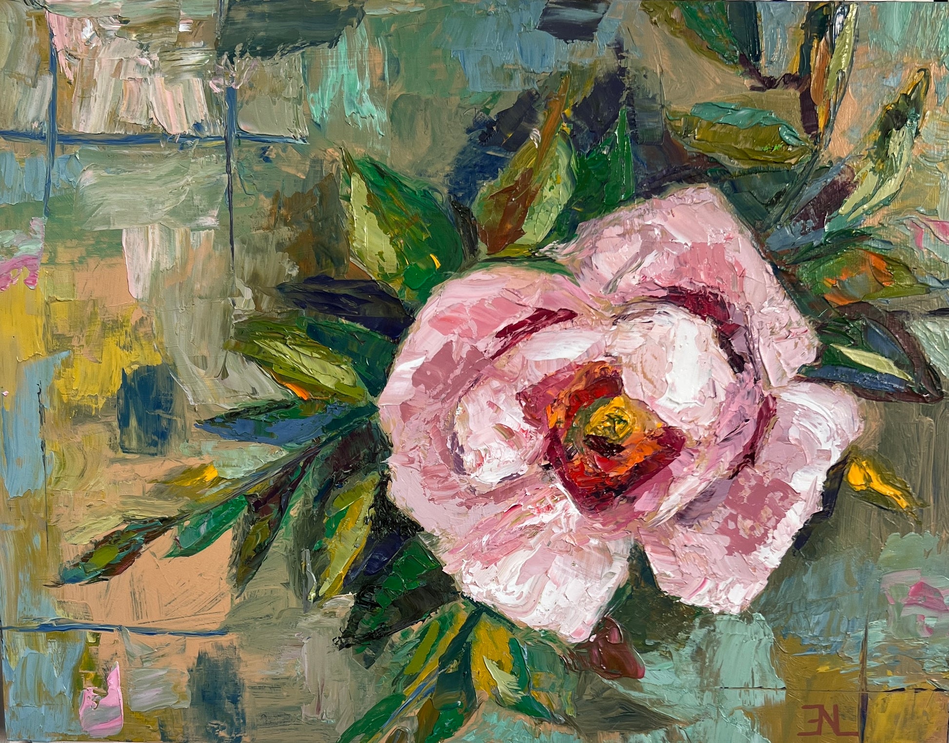 Colorful painting of a pink flower with green leaves