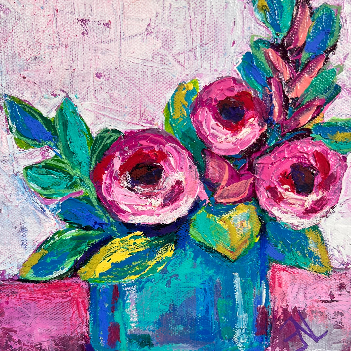 Colorful painting of flowers in a blue vase on a textured white background