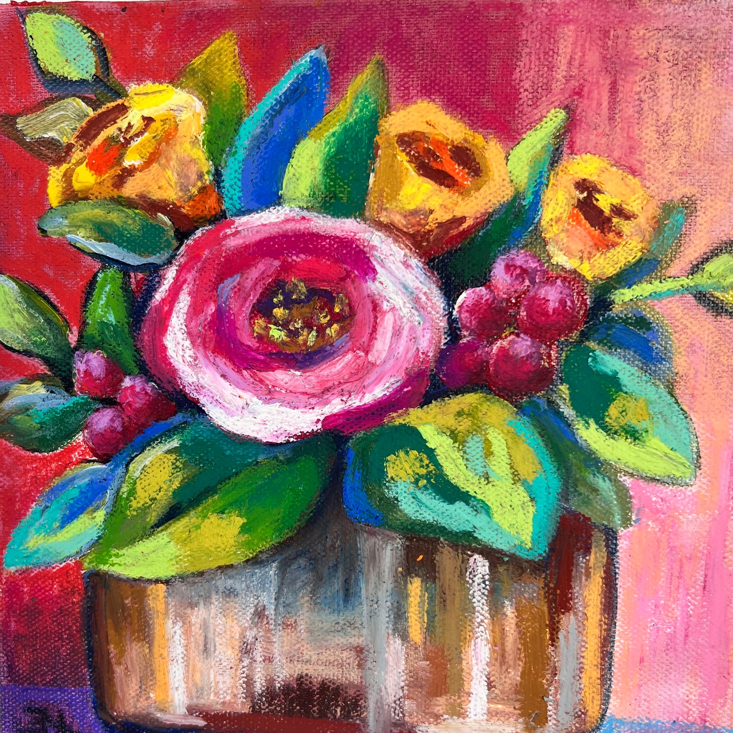Colorful painting of flowers and berries in a vase on a red background