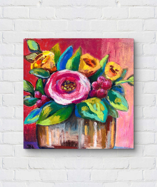 Colorful floral painting on a white brick wall