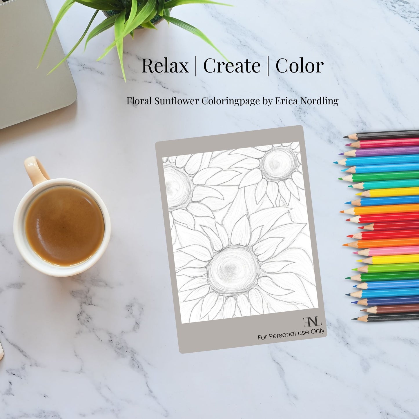 Floral Sunflower Coloring Page-Printable Art by Erica Nordling