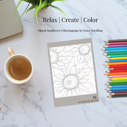 Floral Sunflower Coloring Page-Printable Art by Erica Nordling